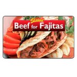 beef for fajita label showing a fajita in background and text that reads beef for fajitas