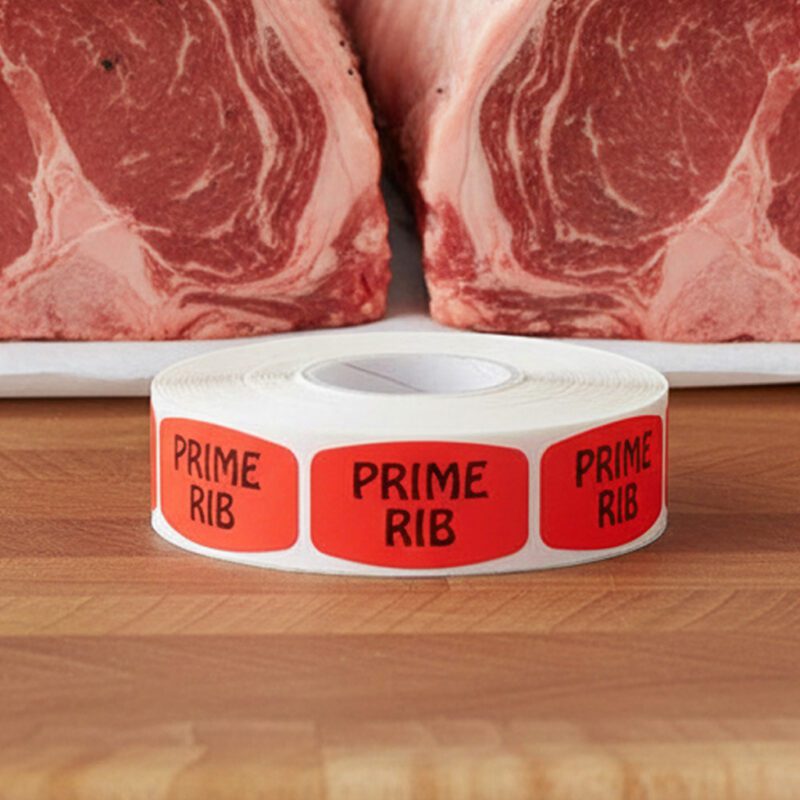 prime rib sticker on a red label with black text