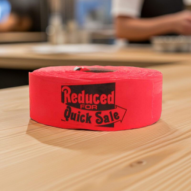 500332-Reduced-for-Quick-Sale-Label-Stickers-dayglo Reduced for quick sale sticker on a red rectangle label with black print