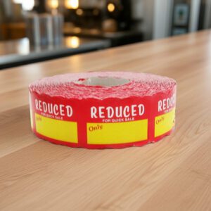 Reduced for quick sale sticker with room to write price and message on red label with yellow print