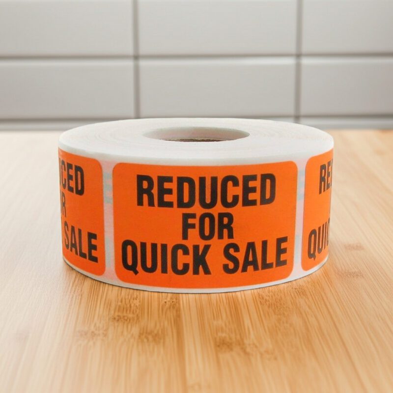 500448-Reduced-For-Quick-Sale-Label-Stickers reduced for quick sale sticker on an orange rectangle label with black print