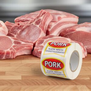 Pork Ribbon Sticker on a white label with red and yellow print