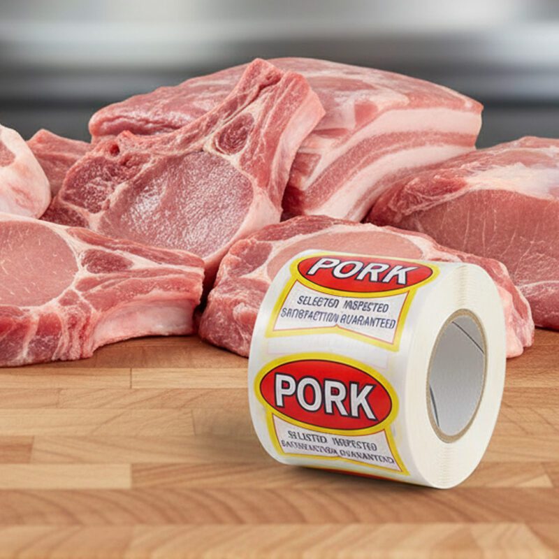 Pork Ribbon Sticker on a white label with red and yellow print