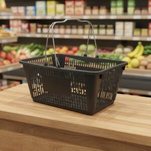 Black Plastic Shopping Baskets with sign and stand in a 12 PACK of baskets