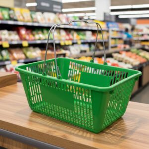 Green Plastic Shopping Baskets with sign and stand in a 12 PACK of baskets