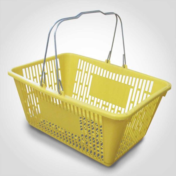 Yellow Plastic Shopping Baskets with sign and stand