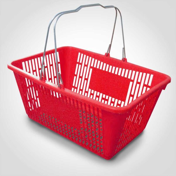 Red Plastic Shopping Baskets with sign and stand