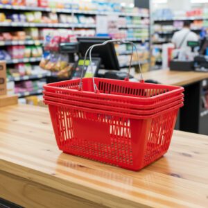 Red Plastic Shopping Baskets with sign and stand in a 12 PACK of baskets
