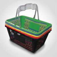 Rainbow Plastic Shopping Baskets with sign and stand