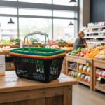 Mixed Colors Plastic Shopping Baskets with sign and stand in a 12 PACK of baskets
