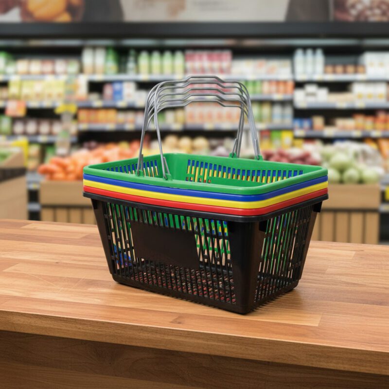 Mixed Colors Jumbo Plastic Shopping Baskets with sign and stand in a 12 PACK of baskets