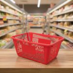 Red Jumbo Plastic Shopping Baskets with sign and stand in a 12 PACK of baskets