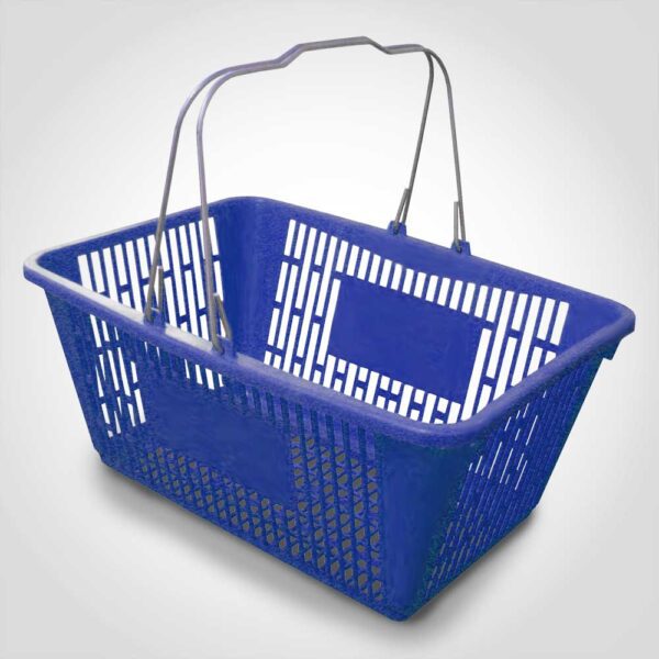 Blue Jumbo Plastic Shopping Baskets with sign and stand