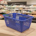 Blue Jumbo Plastic Shopping Baskets with sign and stand in a 12 PACK of baskets