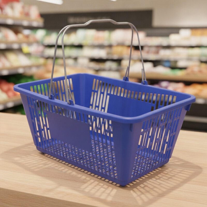 Blue Jumbo Plastic Shopping Baskets with sign and stand in a 12 PACK of baskets