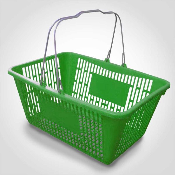 Green Jumbo Plastic Shopping Baskets with sign and stand