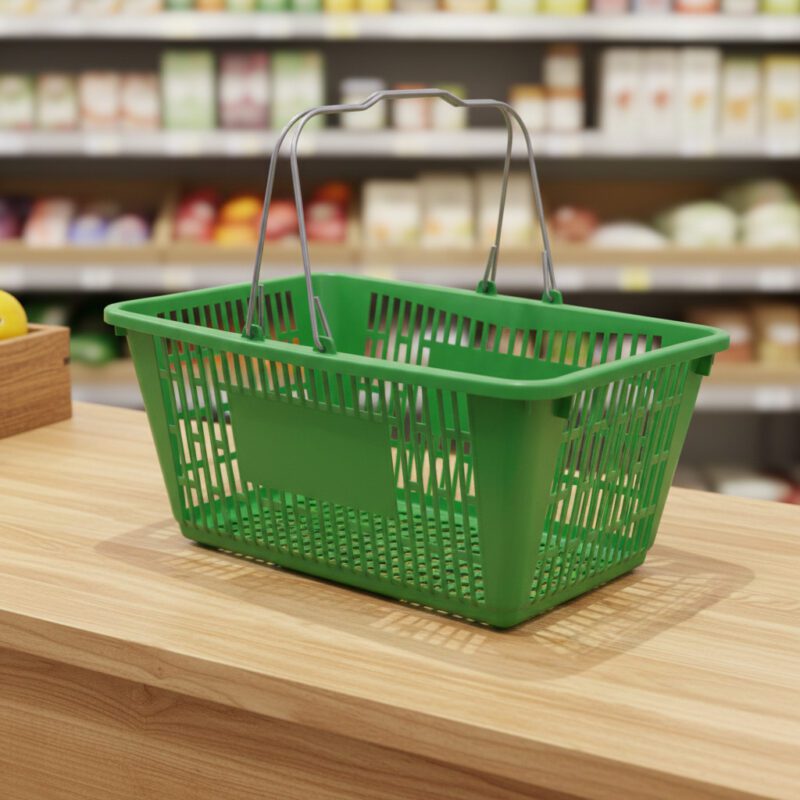 88-700018-Green-Jumbo-Plastic-Shopping-Baskets Green Jumbo Plastic Shopping Baskets with sign and stand in a 12 PACK of baskets