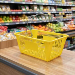 Yellow Jumbo Plastic Shopping Baskets with sign and stand in a 12 PACK of baskets