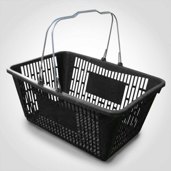 Black Jumbo Plastic Shopping Baskets with sign and stand