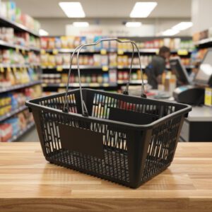 Black Jumbo Plastic Shopping Baskets with sign and stand in a 12 PACK of baskets