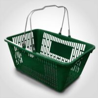 Hunter Green Jumbo Plastic Shopping Baskets with sign and stand