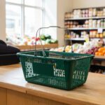 Hunter Green Jumbo Plastic Shopping Baskets with sign and stand in a 12 PACK of baskets