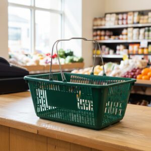 Hunter Green Jumbo Plastic Shopping Baskets with sign and stand in a 12 PACK of baskets