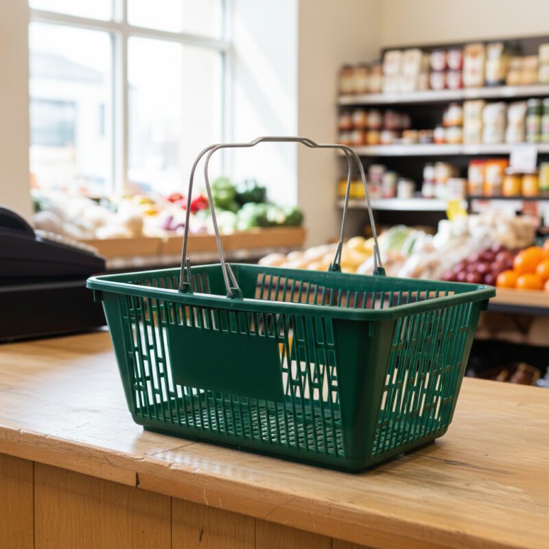 Hunter Green Jumbo Plastic Shopping Baskets with sign and stand in a 12 PACK of baskets