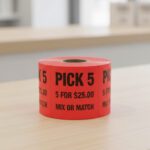 Pick 5 for 25 dollars on a square red label with black text
