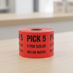 Pick 5 for 25 dollars on a square red label with black text