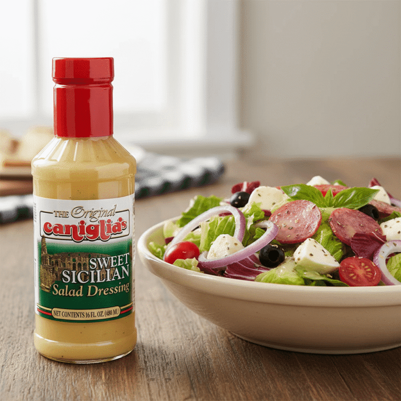 71053 Caniglia’s Sweet Italian Dressing next to salad Caniglia’s Sweet Italian Dressing next to salad