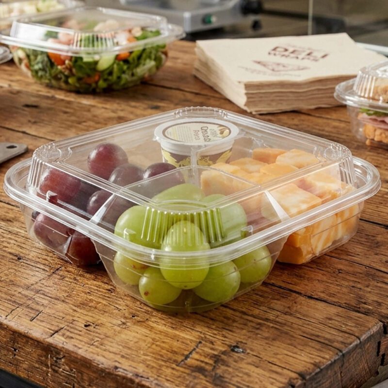 Clear 4-compartment snack container with lid, case of 600.
