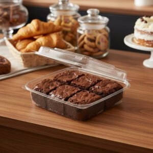 Large Deep Hinged Takeout 9″ Clamshell SeeShell® 9.5″ x 9.5″ x 3.5″ with brownies inside