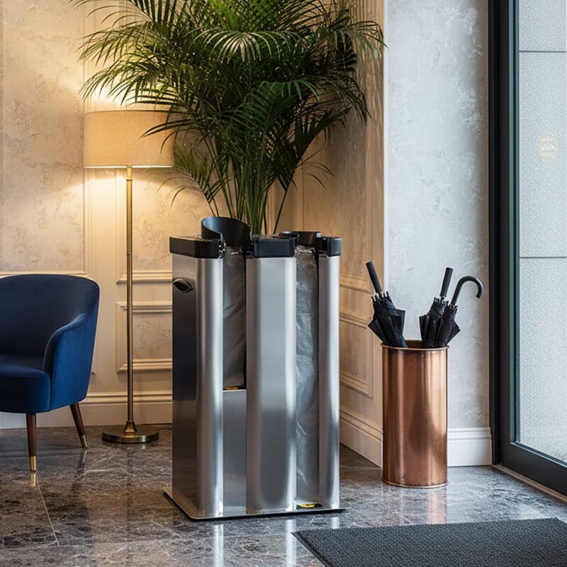 Wet-Umbrella-Bag-Automatic-Dispenser-Dual—Stainless-Steel-edited_4 Wet Umbrella Bag Dispenser Stainless Steel in Lobby of hotel