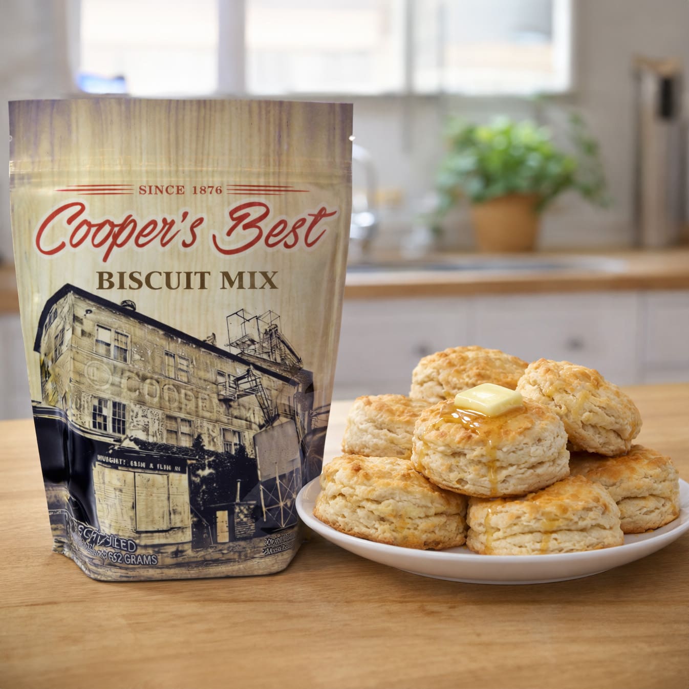 90327 Cooper’s Best Biscuit Mix next to freshly made Biscuits square Cooper's Best Biscuit Mix next to freshly made Biscuits