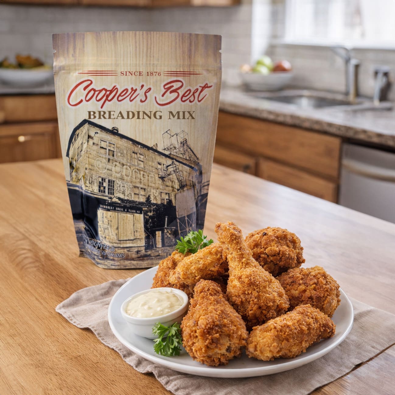 90328 Cooper’s Best Breading Mix next to breaded chicken square Cooper's Best Breading Mix next to breaded chicken