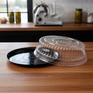 12 inch Black Flat Elegant Trays with Lid on deli counter