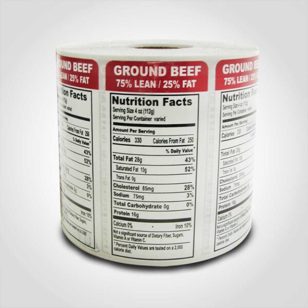 Ground Beef 75% Lean Vertical Label - 1 roll of 1000 stickers