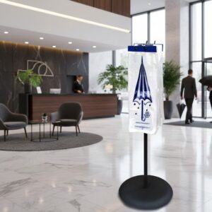Small wet umbrella bag on a rack in a hotel lobby