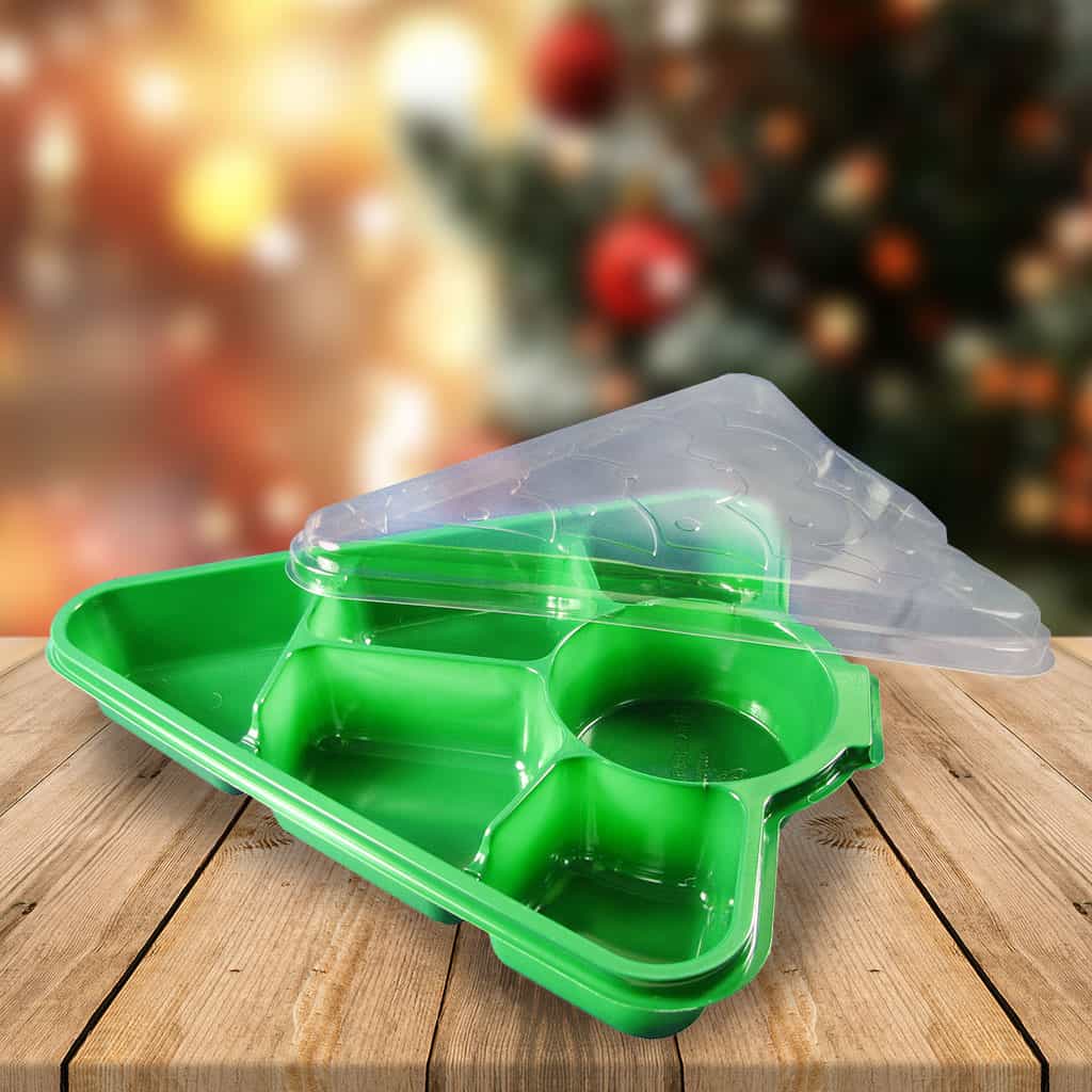 Green Christmas Tree Tray Container with lid - Partitioned - 50 Pack  (370152) PREBOOK