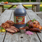 1 Gallon Grandma Foster’s Mild BBQ Sauce shown with Barbecue meats