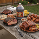 1 Gallon Grandma Foster’s Spicy BBQ Sauce sitting on a table with BBQ meats