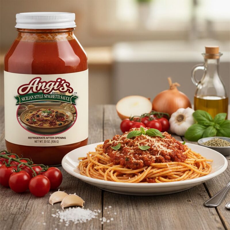 8523 Angi’s Sicilian Style Spaghetti Sauce Angi’s Sicilian Style Spaghetti Sauce on table with spaghetti