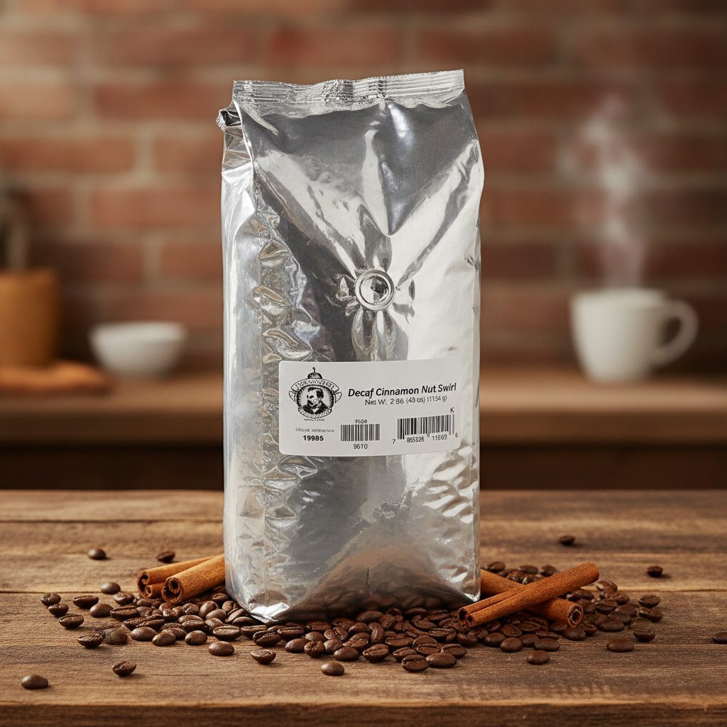 34659-Pears-Whole-Bean-Coffee-Decaf-Cinnamon-Nut-Swirl-2-bags Pear's Whole Bean Coffee Decaf Cinnamon nut swirl Flavor in a 2.5 pound bag and packed in 2 per case