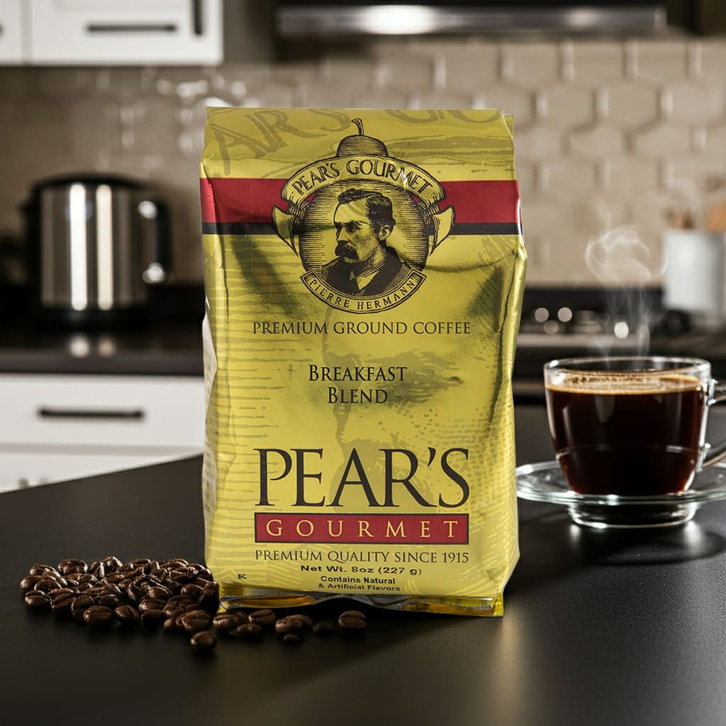 34667 Pears Coffee Breakfast Blend 8oz next to coffee Pears Coffee Breakfast Blend 8oz next to coffee