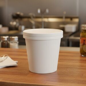 12oz White Paper Food Cup and Lids sitting on counter top
