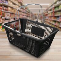 Black Jumbo Plastic Shopping Baskets with sign and stand - 12 Pack (88-700020)
