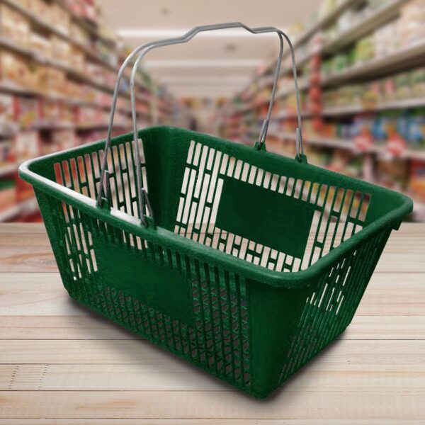 Hunter Green Jumbo Plastic Shopping Baskets with sign and stand - 12 Pack (88-700022)