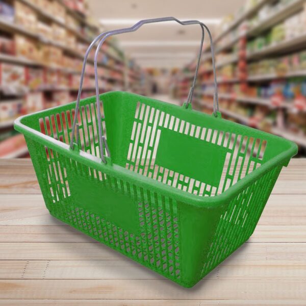 Green Plastic Shopping Baskets with sign and stand - 12 Pack (88-700002)