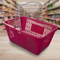 Maroon Jumbo Plastic Shopping Baskets with sign and stand - 12 Pack (88-700023)